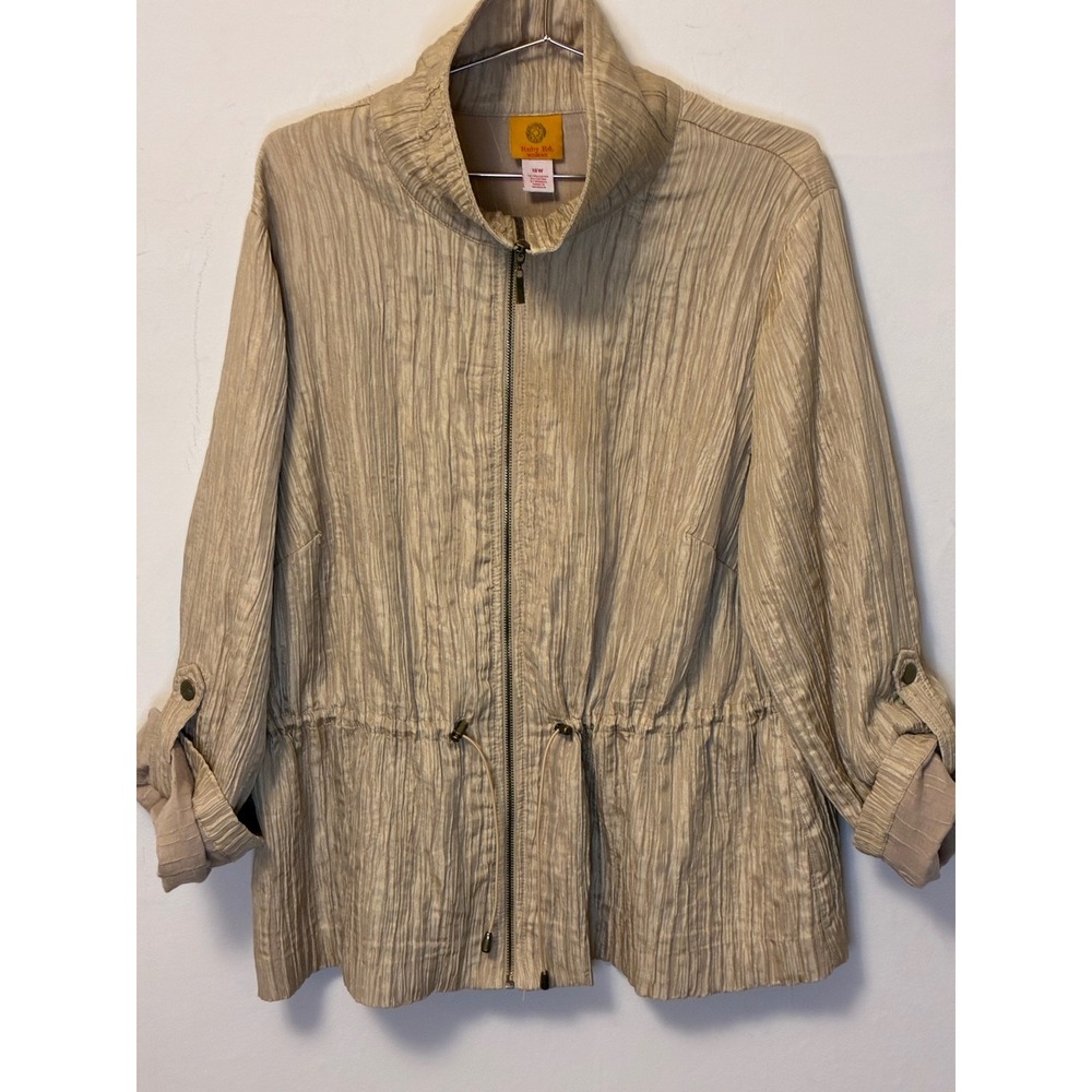 Ruby Rd Woman Beige Textured Zip Front Drawstring Waist Roll Tab Jacket 18W